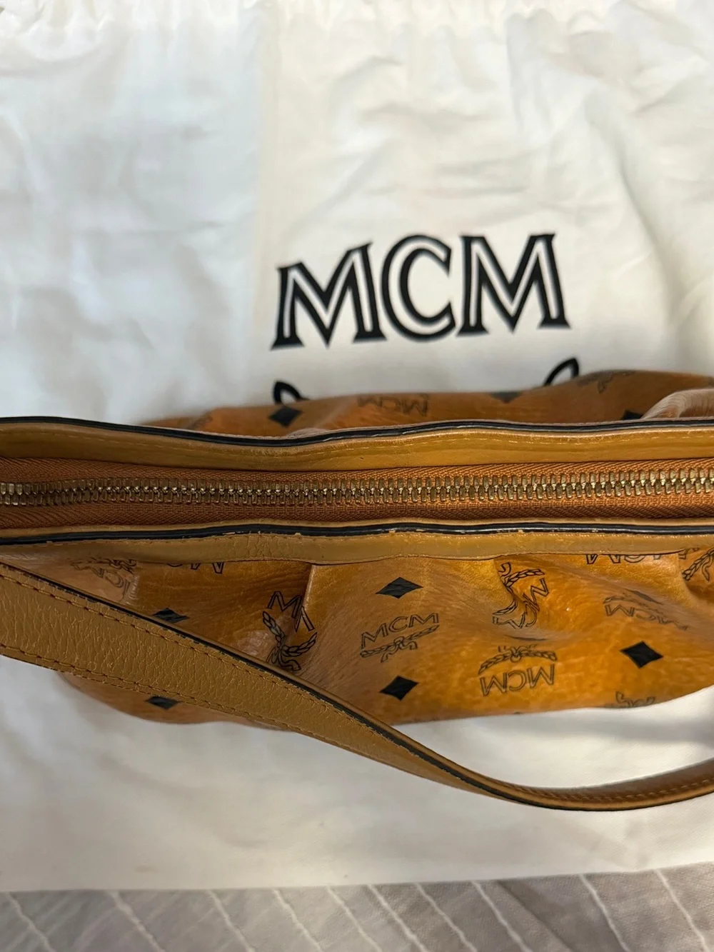 MCM Cognac Logo Print Shoulder Bag with Gold Plate